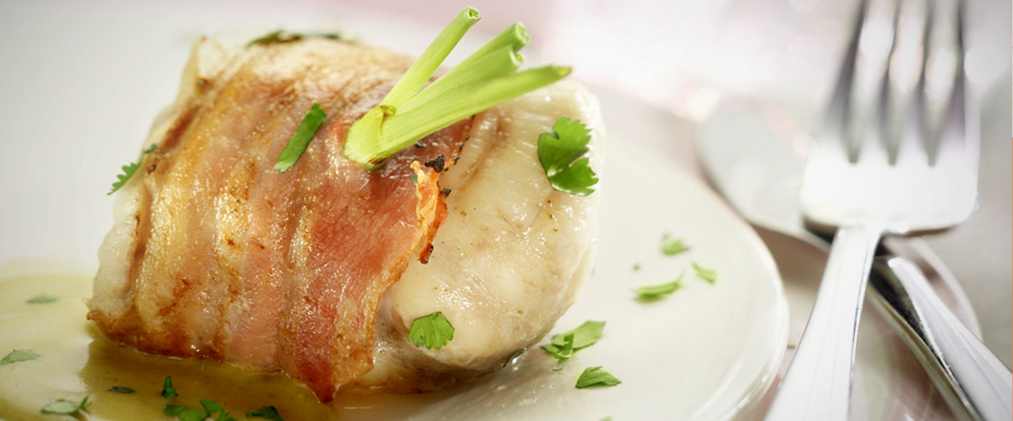 Bacon Wrapped Monkfish with a Lemon Mayonnaise Sauce