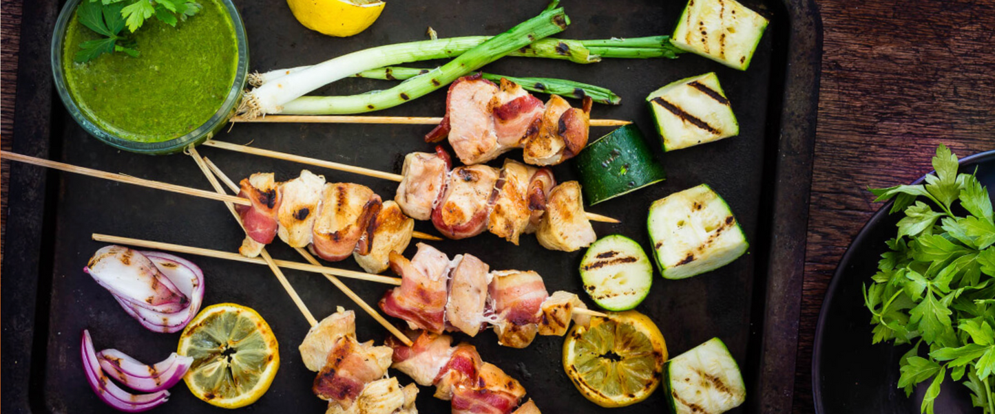 Bacon and Chicken Skewers with Basil Chimichurri Sauce