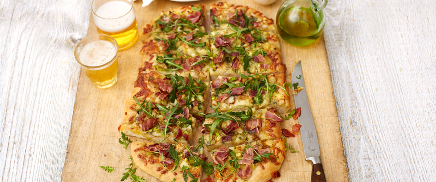 Flatbread with Potatoes, Blue Cheese, Bacon and Spring Onions