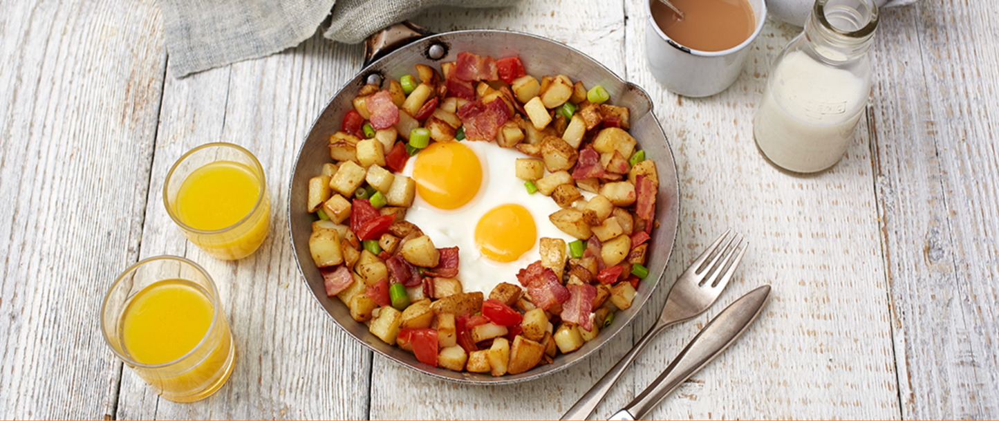One-pan Hash Potatoes with Spoiltpig Bacon, Tomato and Eggs