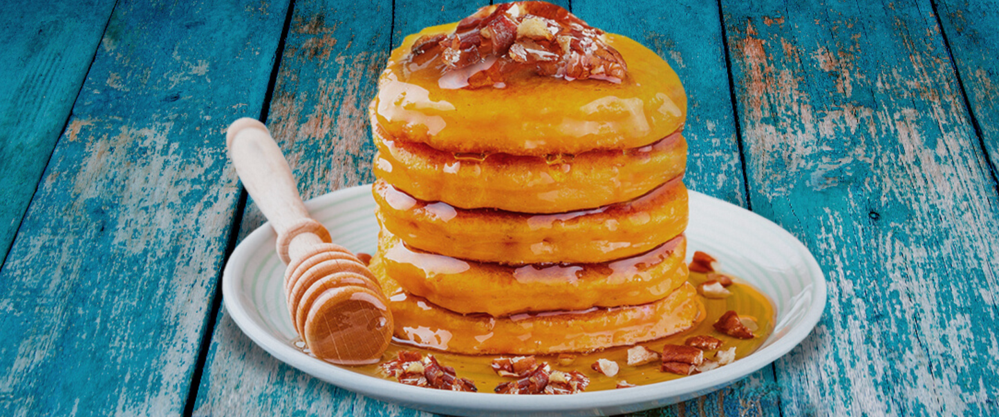 Pumpkin pancakes with yummy scrummy bacon and pecan nuts – Gluten Free too!