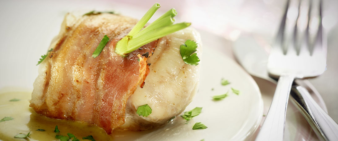 spoiltpig - Bacon recipe - Bacon wrapped monkfish with a lemon mayonaise sauce